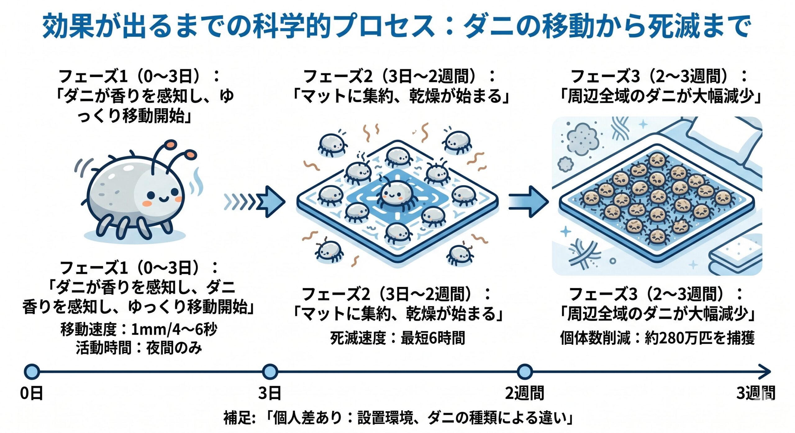 ダニ捕りロボの効果が出るまでのプロセス時系列図