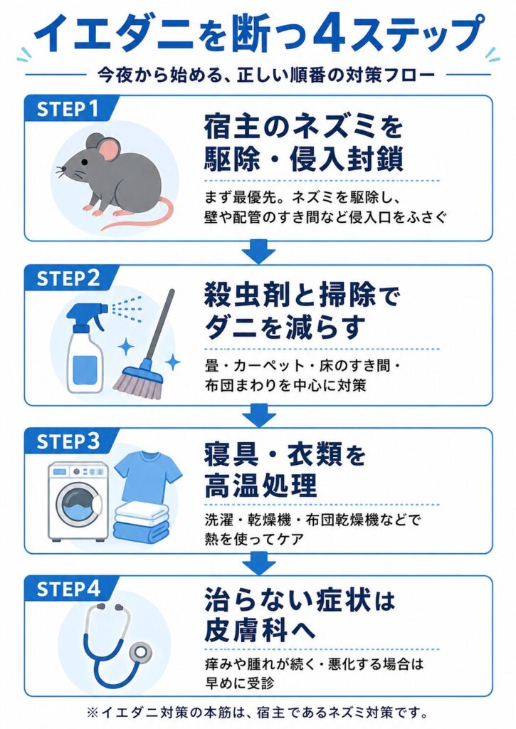 イエダニ対策の4ステップを示す図解。ネズミ駆除、殺虫と掃除、寝具の高温処理、皮膚科受診の順序