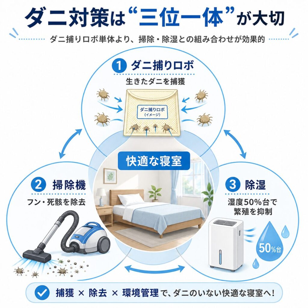 ダニ対策の三位一体（ダニ捕りロボ・掃除機・除湿）を示したベン図