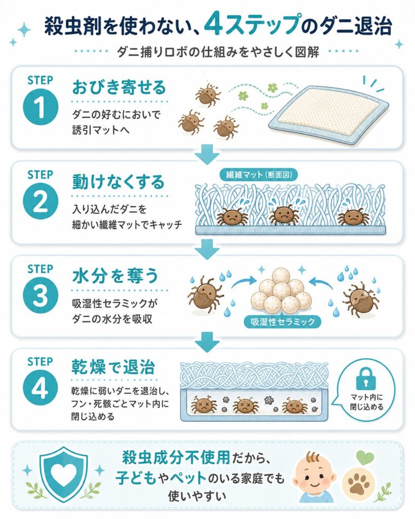 ダニ捕りロボが誘引・捕獲・乾燥・退治する4ステップを示した図解