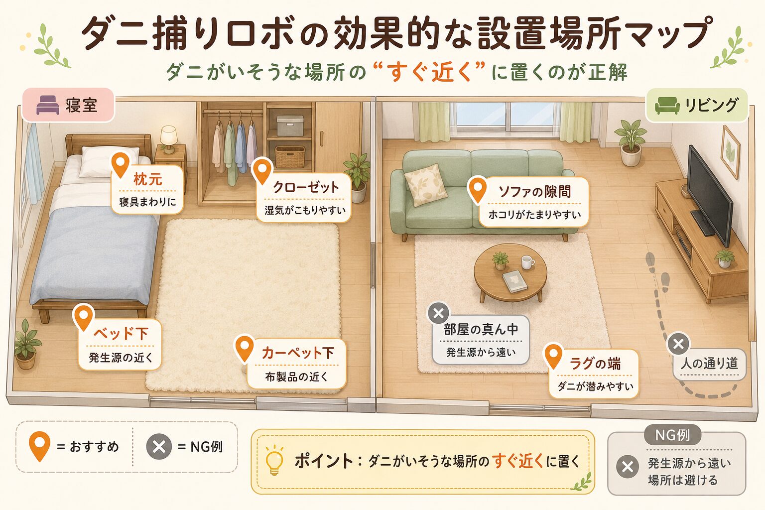 ダニ捕りロボを置くと効果的な場所を示した寝室とリビングの設置マップ。ベッド下やソファの隙間など発生源の近くを推奨