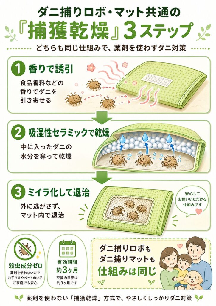 ダニ捕りロボとダニ捕りマット共通の誘引・乾燥・退治の3ステップを示した図解