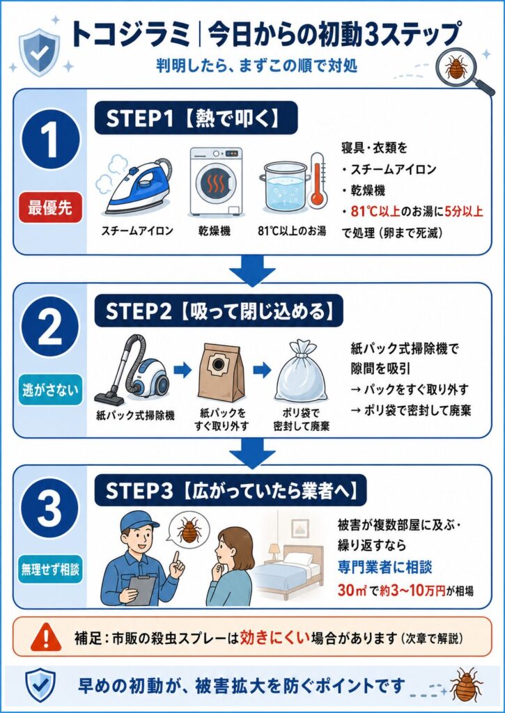 トコジラミ駆除の初動3ステップを示すフロー図。熱処理・掃除機での吸引・専門業者への相談の順を解説