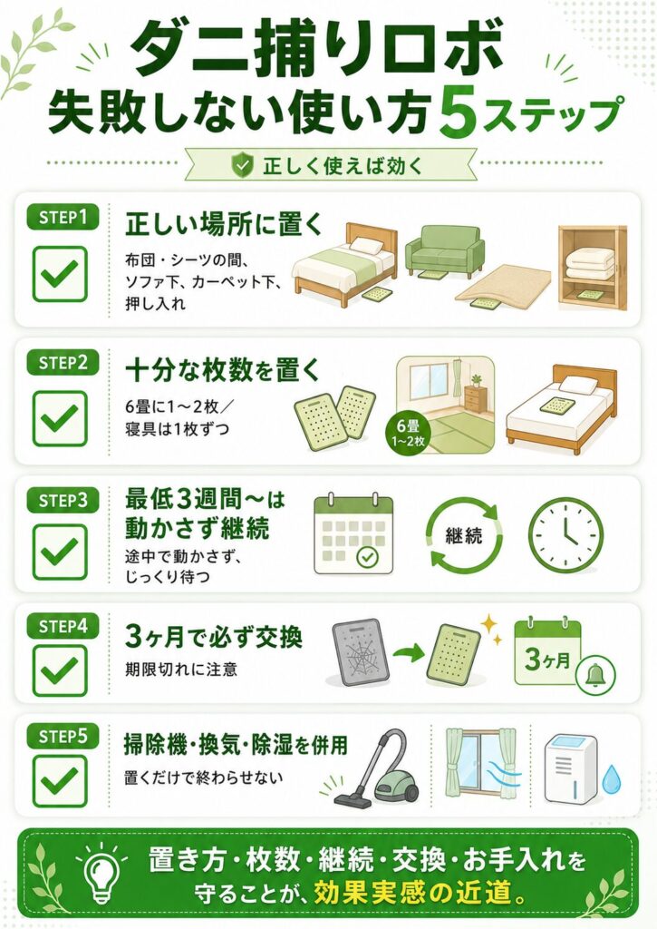 ダニ捕りロボの効果を最大化する正しい使い方5ステップを示したチェックリスト図解