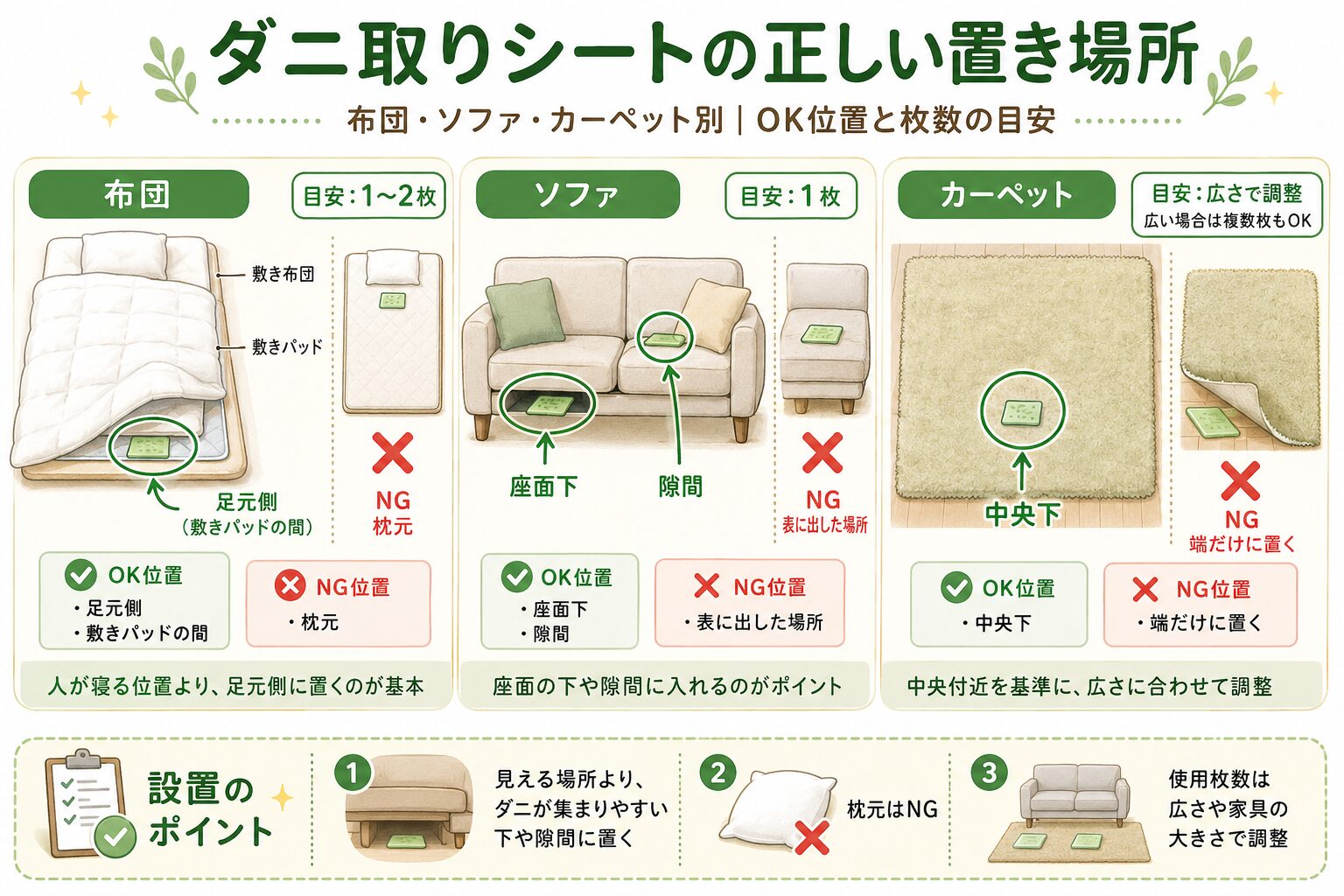 布団・ソファ・カーペットでのダニ取りシートの正しい設置位置と枚数の目安