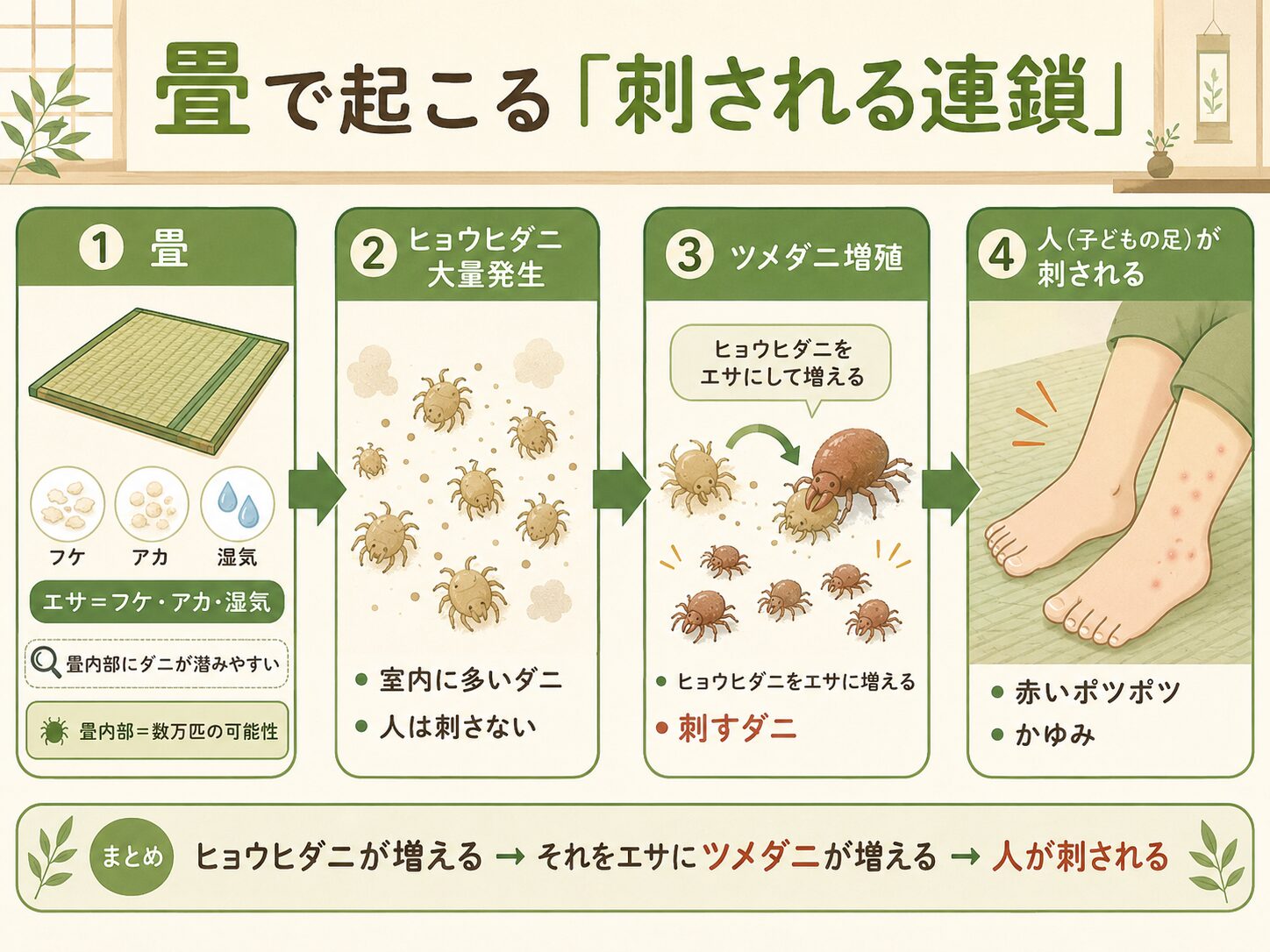 畳のヒョウヒダニがツメダニのエサとなり増殖して人を刺すまでの連鎖を示した図